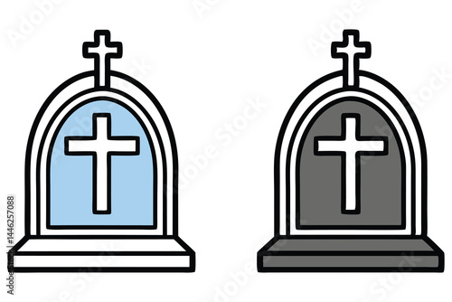 Two tombstones with crosses showcase a light blue and gray fill on a white background