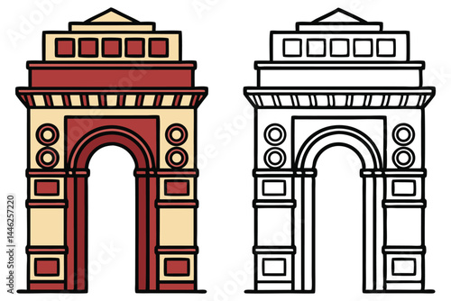 Two versions of a monumental arch structure show different color schemes and line art