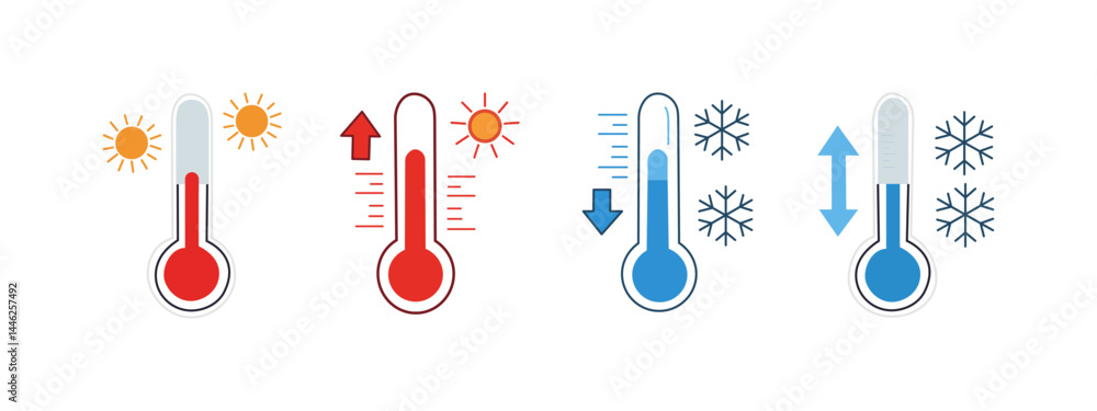 Set of four temperature gauge icons illustrating varying climate conditions, showing hot and cold temperatures with sun and snowflake symbols.
Set of four temperature gauge icons illustrating varying climate conditions, showing hot and cold temperatures with sun and snowflake symbols.
