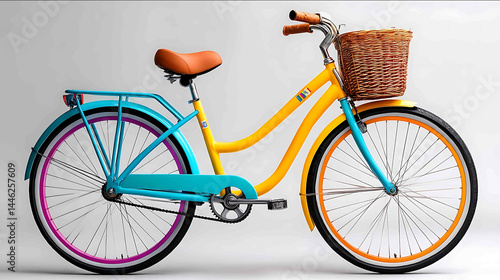 Vibrant and Bright Photography as a concept of a photorealistic beach cruiser bike with a colorful basket and vibrant colors studio photo style isolate on white background suitable