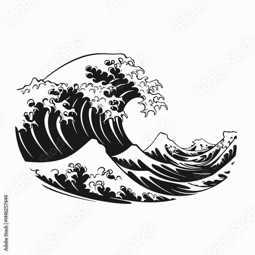 Ocean wave sea water tsunami ripple current surf nature graphic art design illustration drawing black white
