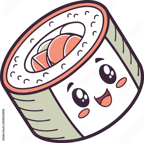 Animated sushi: A cute, animated sushi roll with a cheerful expression, ready to brighten your day with its delightful charm. This is not a real food photography but a representation of sushi