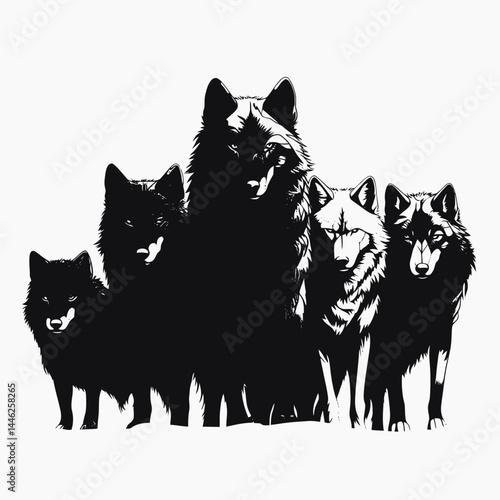 Black wolves pack illustration canine predator animal wildlife mammal nature forest group wild artwork 100 silhouette