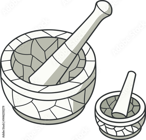 Mortar and Pestle: An illustrative, isometric view of two mortar and pestle sets, depicting the ancient culinary and medicinal tools.