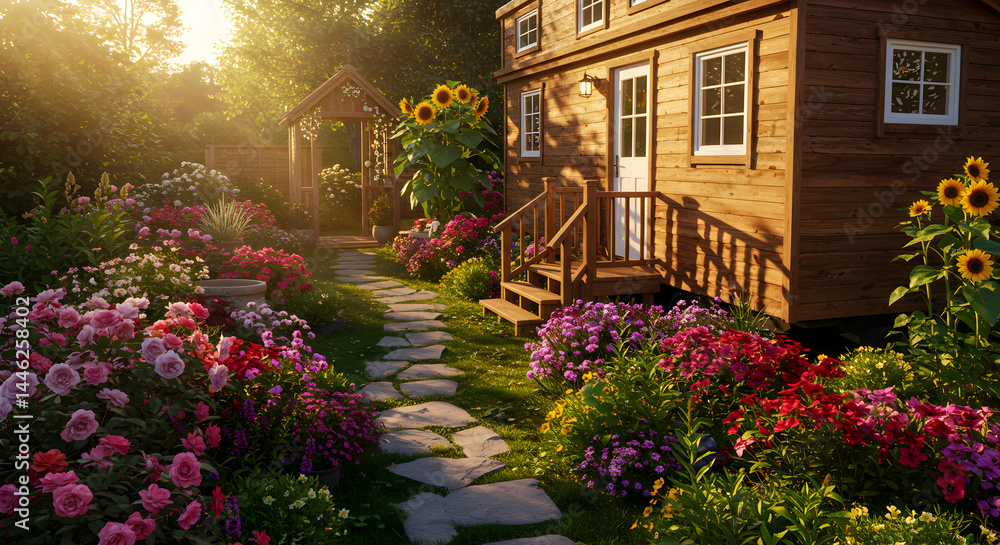 Fototapeta premium Picturesque Tiny Home Amidst Blossoming Garden On Sunny Day