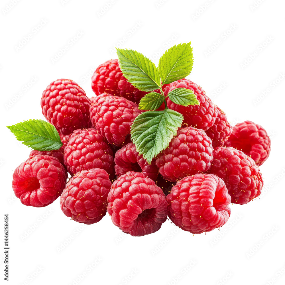 Fresh organic raspberries with green leaves arranged on a clean transparent background, Organic fresh raspberry fruits transparent background Fresh organic raspberries with green leaves arranged on a clean transparent background, Organic fresh raspberry fruits transparent background