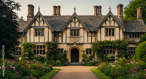 English Tudor Manor House With Lush Gardens And Ornate Architecture