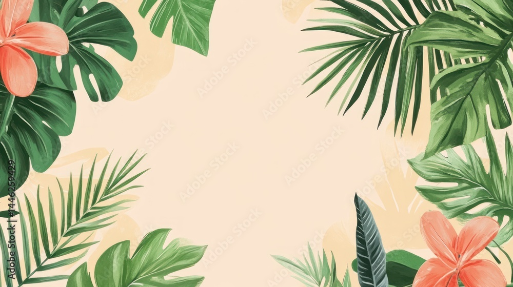 Tropical leaves and pink flowers decorate a beige background Tropical leaves and pink flowers decorate a beige background