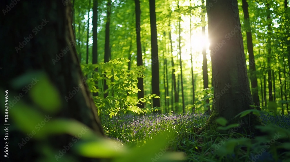 Fototapeta premium Lush forest with sunlight filtering through trees, vibrant greenery surrounding a peaceful natural scene, perfect for relaxation.