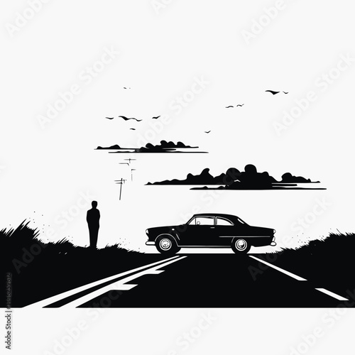Vintage car road trip black and white silhouette man moon clouds birds travel adventure automotive journey scene