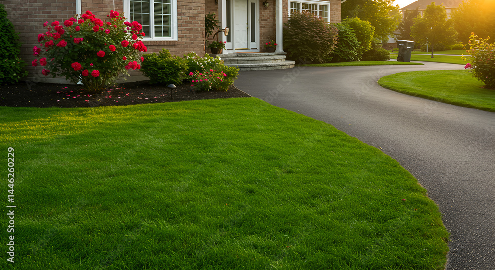 Serene Suburban Landscape With Manicured Lawn and Blooming Floral Displays Serene Suburban Landscape With Manicured Lawn and Blooming Floral Displays
