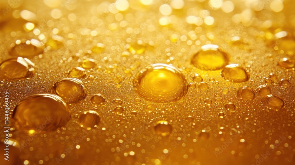 Golden liquid droplets form on a shiny surface macro view Golden liquid droplets form on a shiny surface macro view