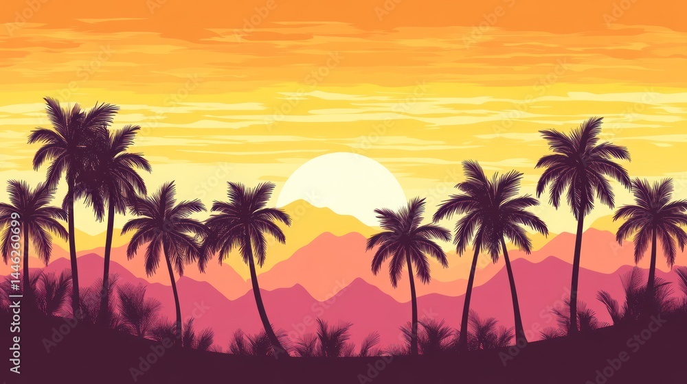 Illustration depicting a tropical sunset with palm trees silhouettes Illustration depicting a tropical sunset with palm trees silhouettes