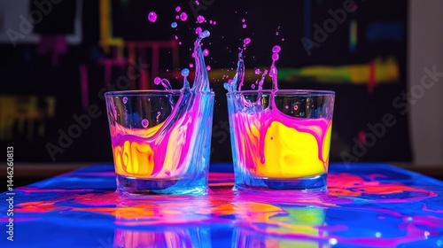 Two glasses filled with vibrant liquid create dynamic splashes