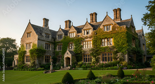 Enchanting English Estate With Ivy-Covered Walls And Manicured Gardens At Sunrise