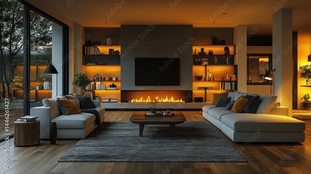 Modern living room with fireplace and large windows (1) Modern living room with fireplace and large windows (1)