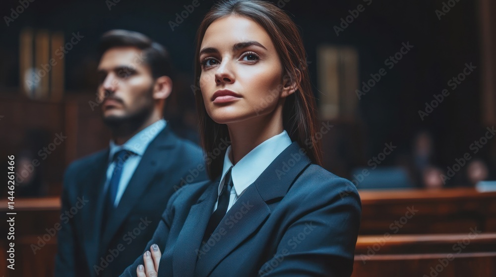 Confident businesswoman stands in a courtroom with her colleague Confident businesswoman stands in a courtroom with her colleague