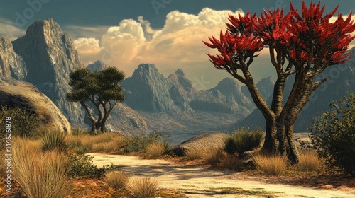 Dramatic desert landscape features rugged mountains trees and cloudy sky