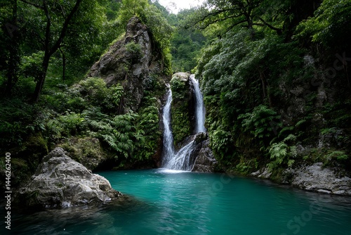 An enchanting waterfall in a lush tropical paradise, isolated on a diffrent collers background, representing serene nature and tranquil settings.