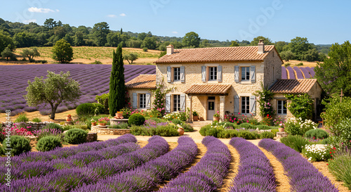 Provencal Farmhouse Surrounded By Blooming Lavender Fields On A Sunny Summer Day