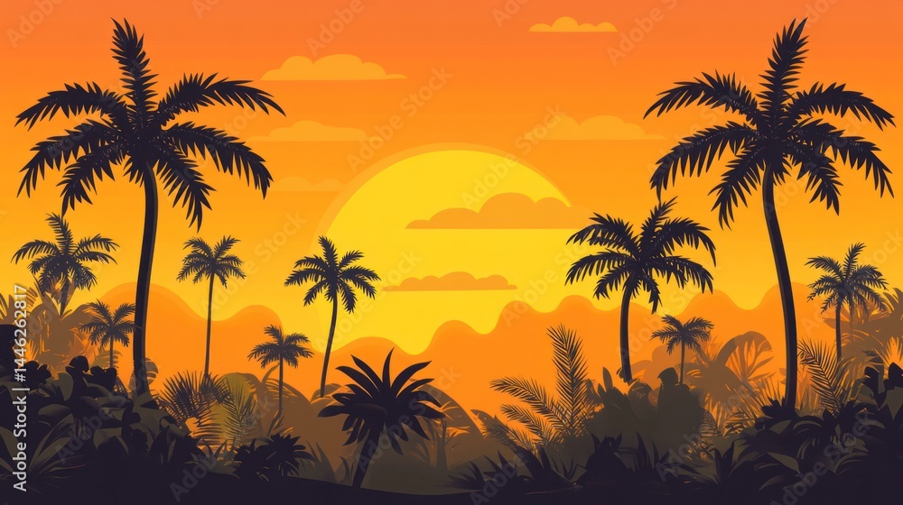 Silhouetted palm trees against an orange sunset tropical landscape Silhouetted palm trees against an orange sunset tropical landscape