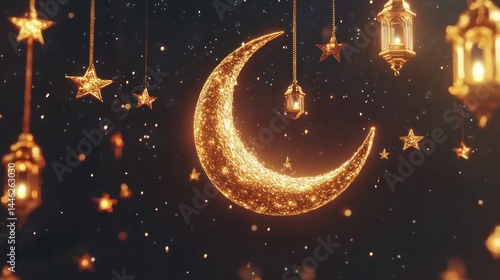 Golden crescent moon surrounded by stars and ornate lanterns