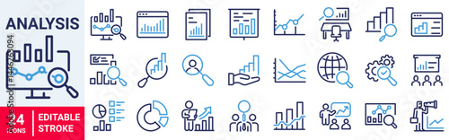 Analysis web line icon set. Linear icon collection. Statistics and analytics outline icons collection. Editable stroke. Vector illustration.