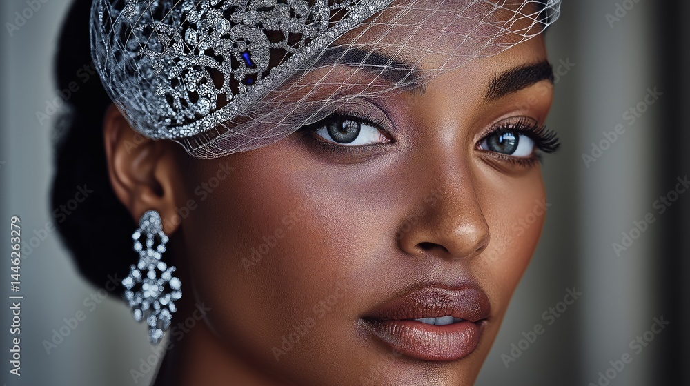 Elegant Beauty: A captivating portrait showcases a woman with radiant skin, exquisite makeup, and sophisticated jewelry, exuding elegance and poise. Elegant Beauty: A captivating portrait showcases a woman with radiant skin, exquisite makeup, and sophisticated jewelry, exuding elegance and poise.