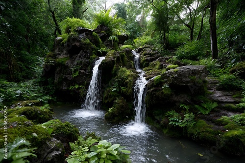 An enchanting waterfall in a lush tropical paradise, isolated on a diffrent collers background, representing serene nature and tranquil settings.