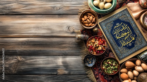 Islamic text and assorted bowls placed on wooden planks