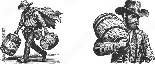Set of Engraving Designs Featuring a Cowboy Carrying a Small Wooden Barrel – Western Rustic Style Artwork for Wood Etching – Vintage, cowboy, carry, monochrome, wooden barrel, engraving, strength