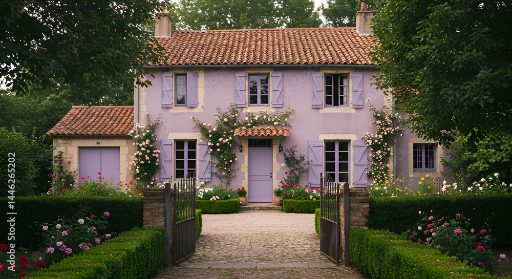 Fototapeta premium Charming Lilac Villa With Lush Gardens In French Countryside