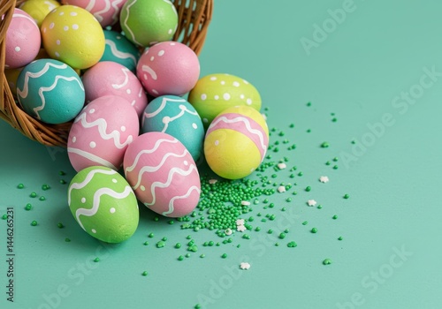 Colorful easter eggs spilling from a basket with green sprinkles on a green background
