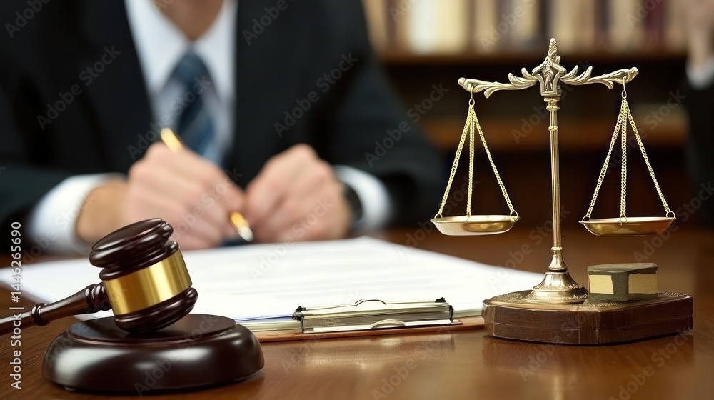 Lawyer signing document with gavel and scales of justice Lawyer signing document with gavel and scales of justice