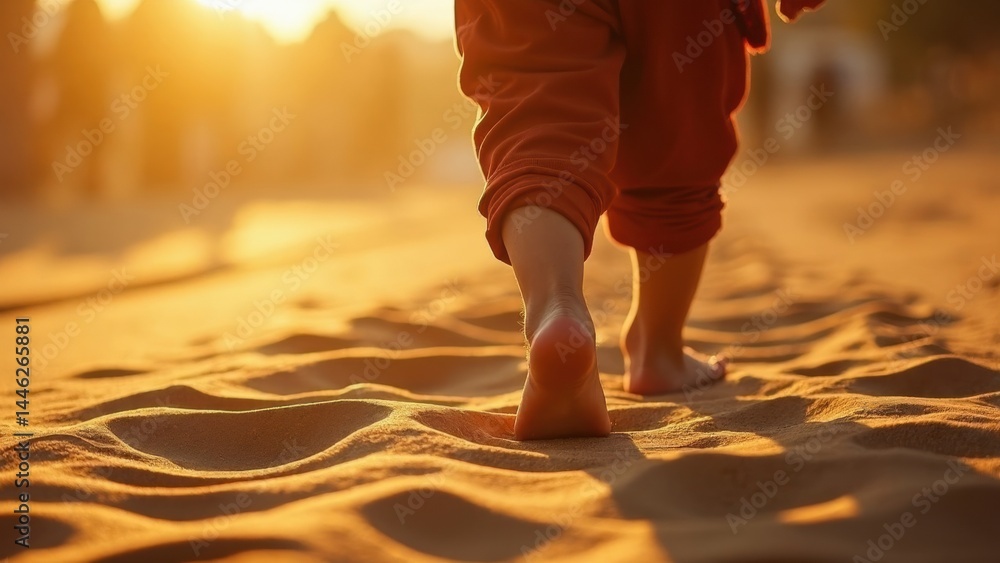 A child's bare feet tread across heated sand, symbolizing the struggles of Imam Hussain's family. The warm sunlight highlights the poignant moment.