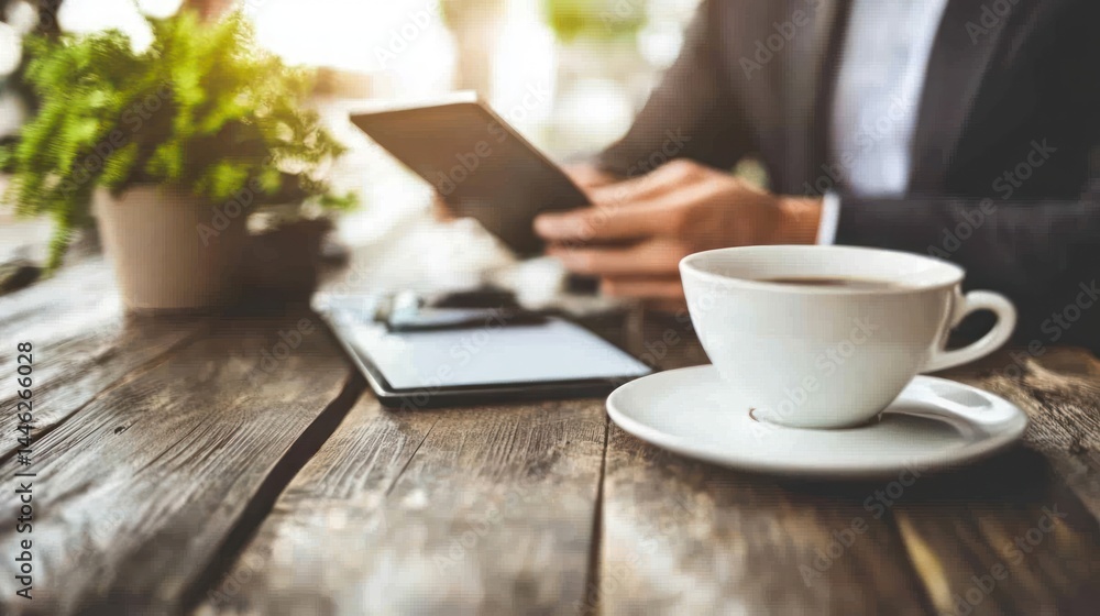 Businessman using tablet with coffee and plant on wooden table Businessman using tablet with coffee and plant on wooden table