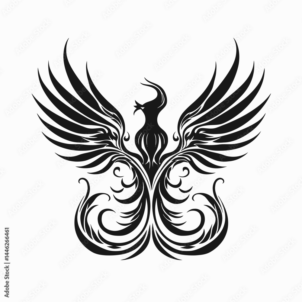 Fototapeta premium Phoenix bird wings tattoo tribal vector illustration design art graphic black white symbol mythical emblem silhouette