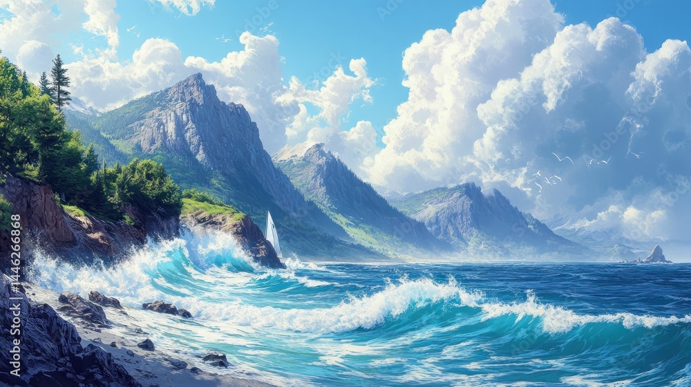 Fototapeta premium Scenic coastal landscape with mountains and waves