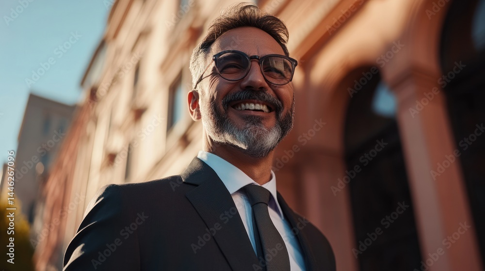 Mature businessman smiles confidently in front of a city building Mature businessman smiles confidently in front of a city building