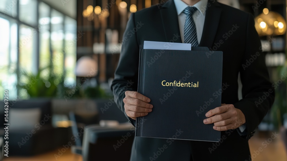 Businessman holds a folder marked confidential in an office setting