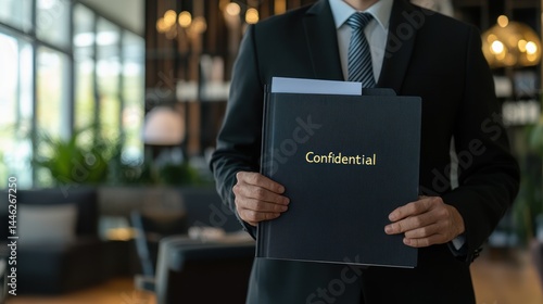 Obraz na płótnie Businessman holds a folder marked confidential in an office setting w salonie