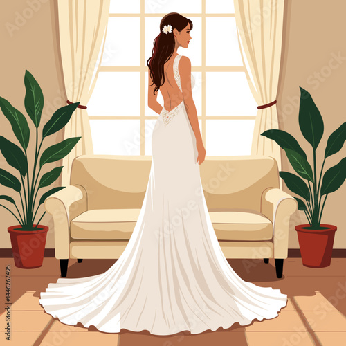 Bride in an open-back dress admiring herself in a bright room  