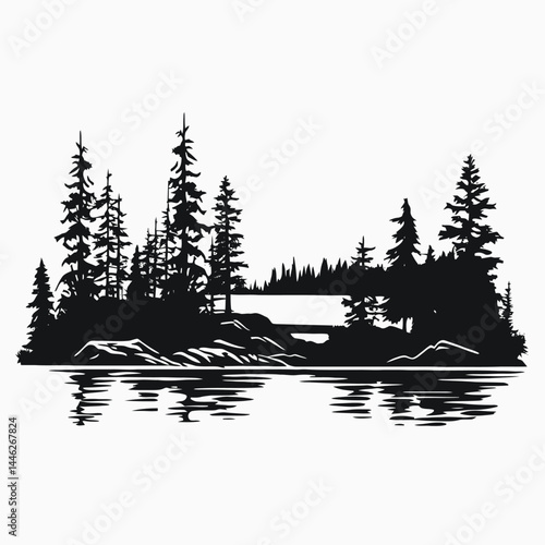 Landscape mountain lake trees forest nature reflection scenic outdoor silhouette vector illustration art