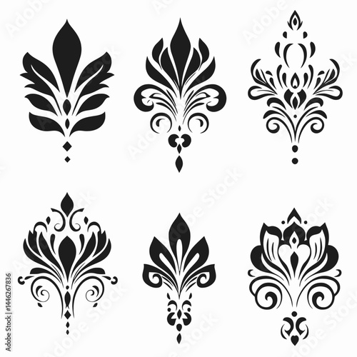 Damask floral ornament pattern design vector vintage decorative elegant flourish scroll element art set black silhouette