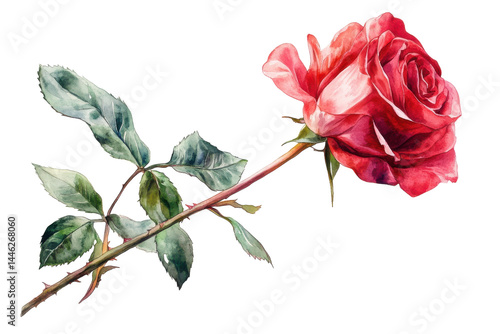 Elegant red rose watercolor painting delicate petals lush green leaves stem artistic botanical