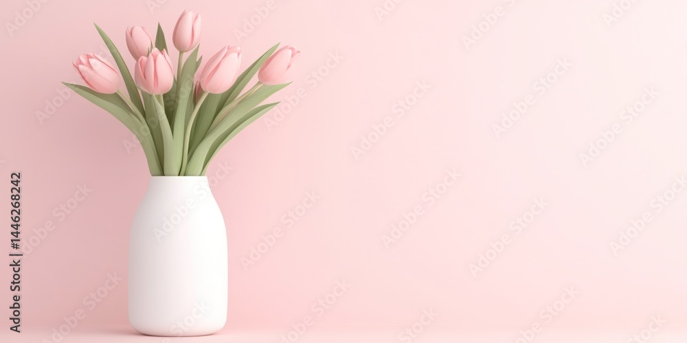 Fototapeta premium Pink Tulips in a White Vase Against a Pink Background
