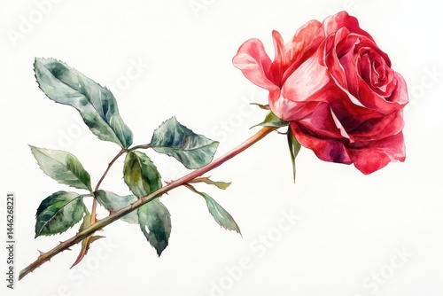 Elegant red rose watercolor painting delicate petals lush green leaves stem artistic botanical