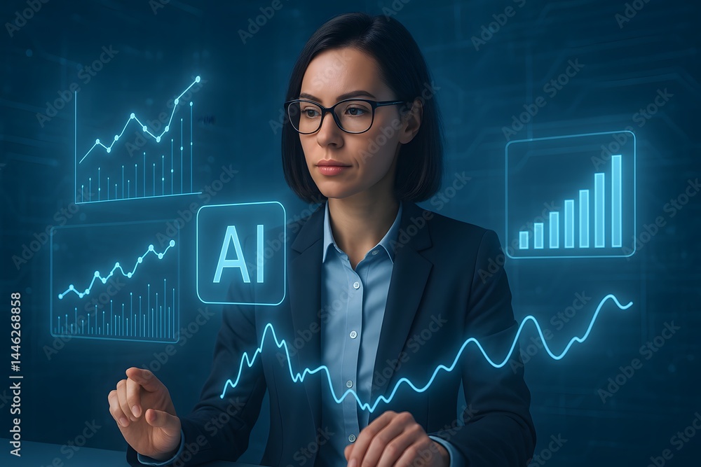 A caucasian woman in formal attire views floating AI charts and graphs in a darkened office. Concept of data-driven decision making and machine learning insight. A caucasian woman in formal attire views floating AI charts and graphs in a darkened office. Concept of data-driven decision making and machine learning insight.