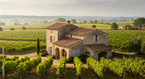 Charming Vineyard Estate Amidst Rolling Hills in the French Countryside at Sunrise