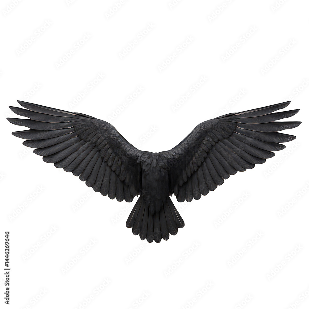 Naklejka premium Powerful black bird wings depicted in full spread, highlighting the intricate details of feathers and movement.